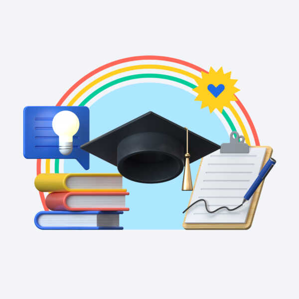 A goal cover image with a graduation cap at the center, books to the left, and a clipboard to the right. There is a rainbow background behind the objects.